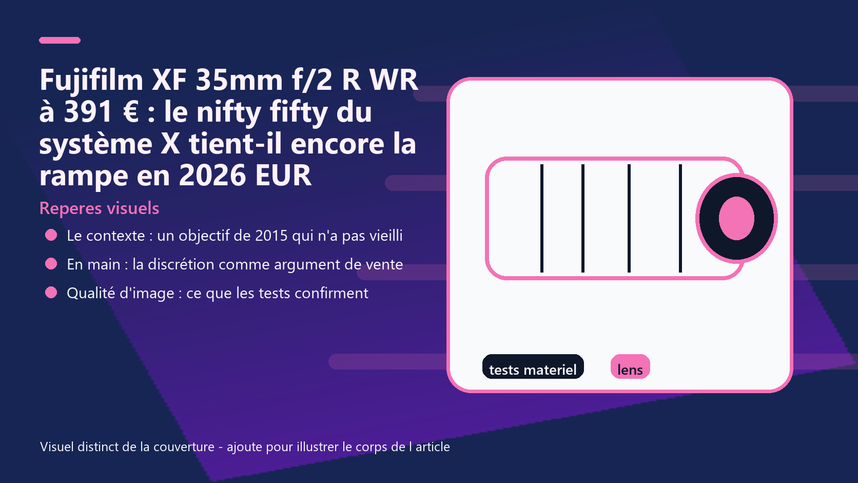 Infographie de reperes visuels pour l article Fujifilm XF 35mm f/2 R WR à 391 € : le nifty fifty du système X tient-il encore la rampe en 2026 EUR