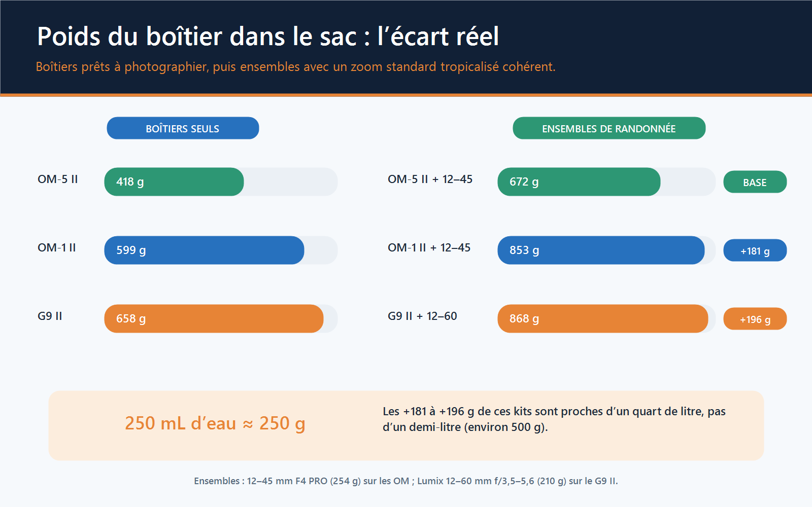 Comparaison du poids des trois boîtiers et de leurs ensembles avec zoom standard dans un sac de randonnée.