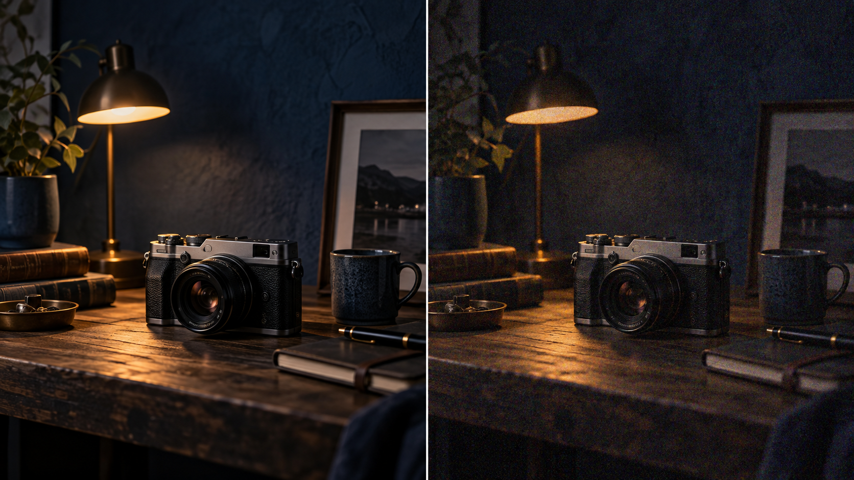 Diptyque d’une scène nocturne photographiée avec une exposition lumineuse suffisante puis avec des ombres sous-exposées montrant davantage de bruit numérique.